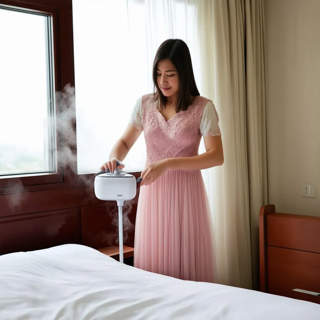 Woman Steaming Dress in Hotel Room