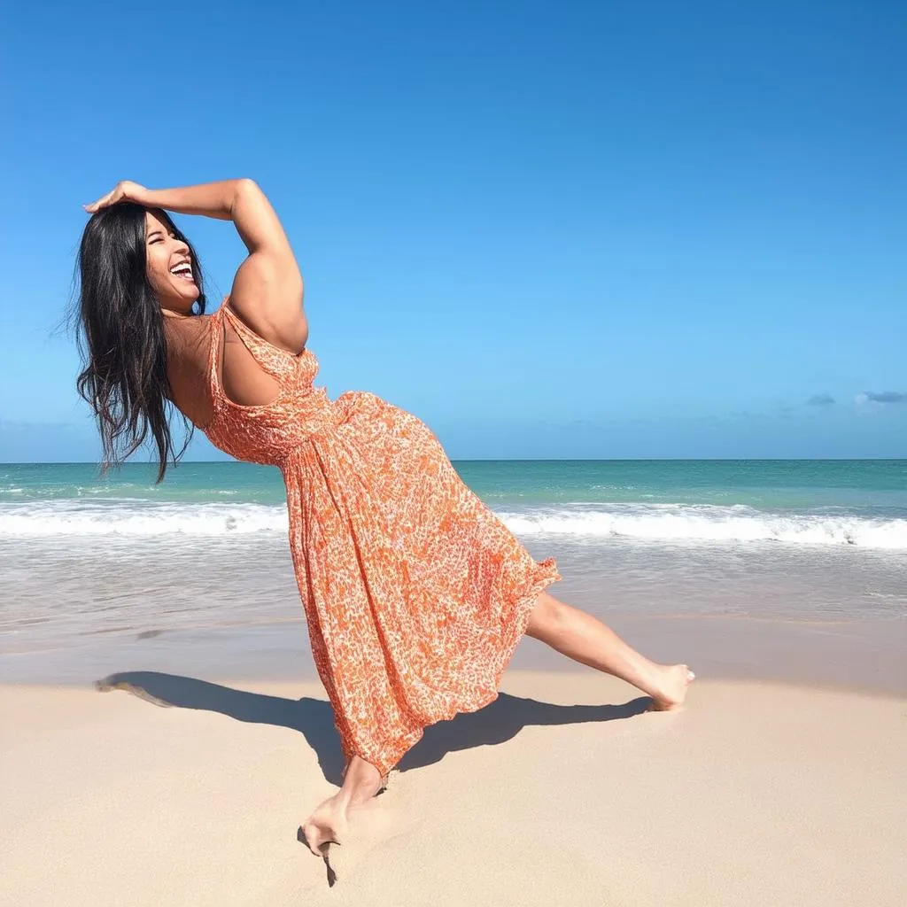 Woman Stretching Legs on Beach