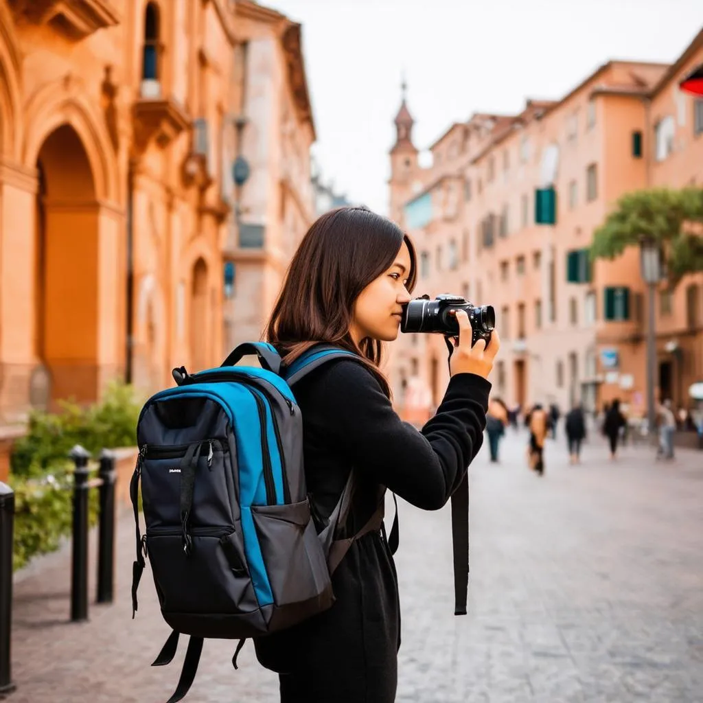 Woman Taking Pictures with Camera in City