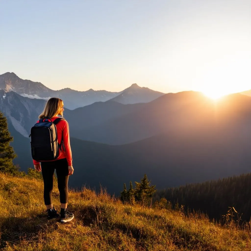 Woman traveler with a backpack looking at a mountain view