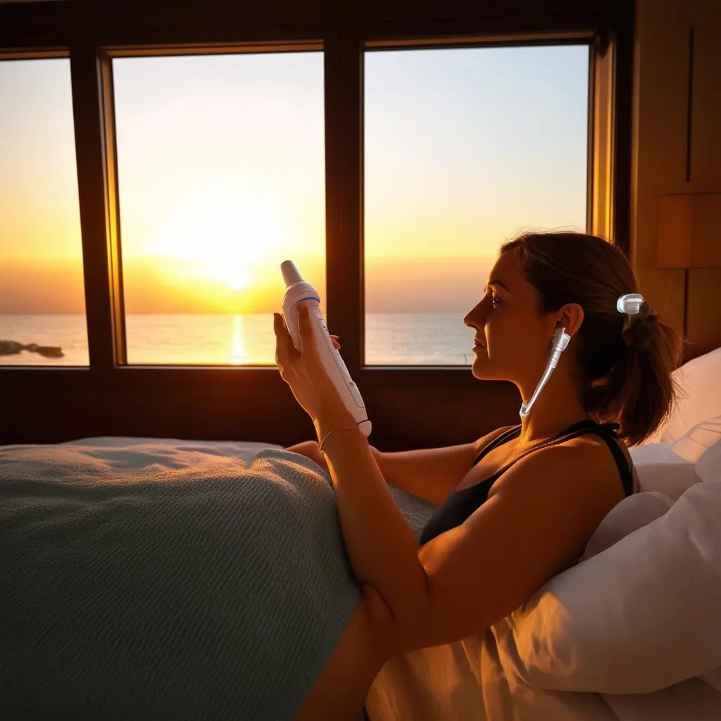 Woman using a CPAP Machine by the Window