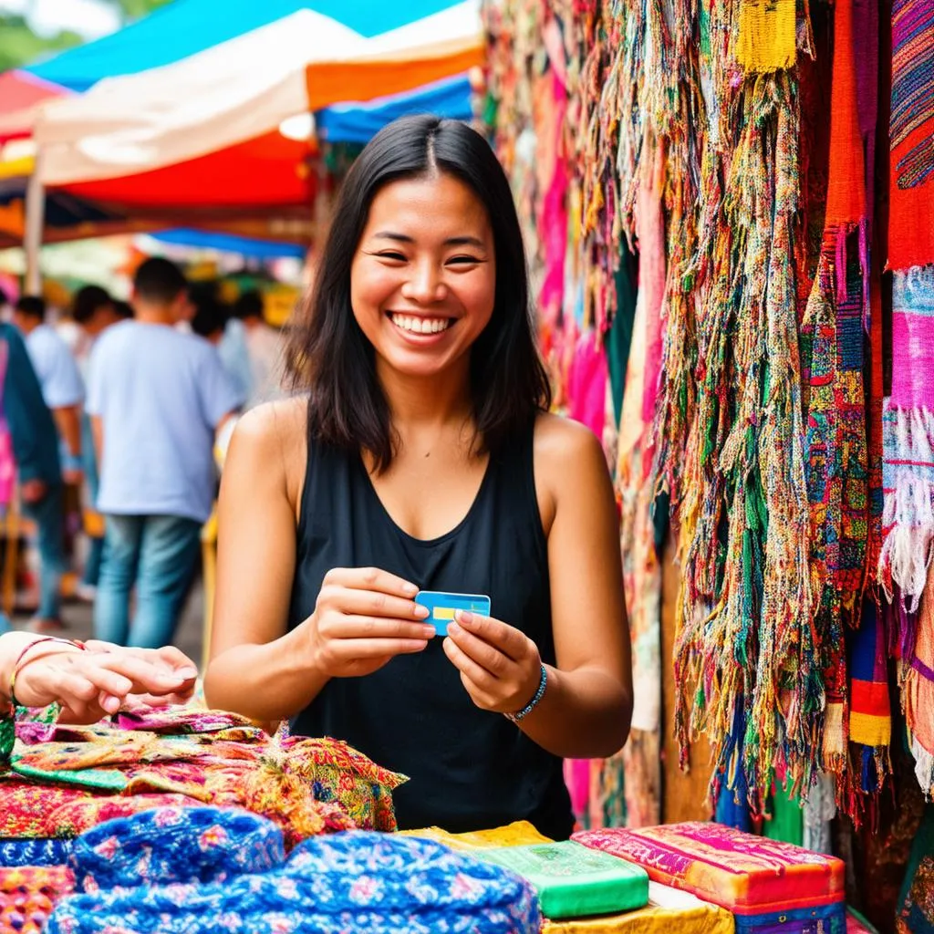 Woman Using Credit Card at a Market