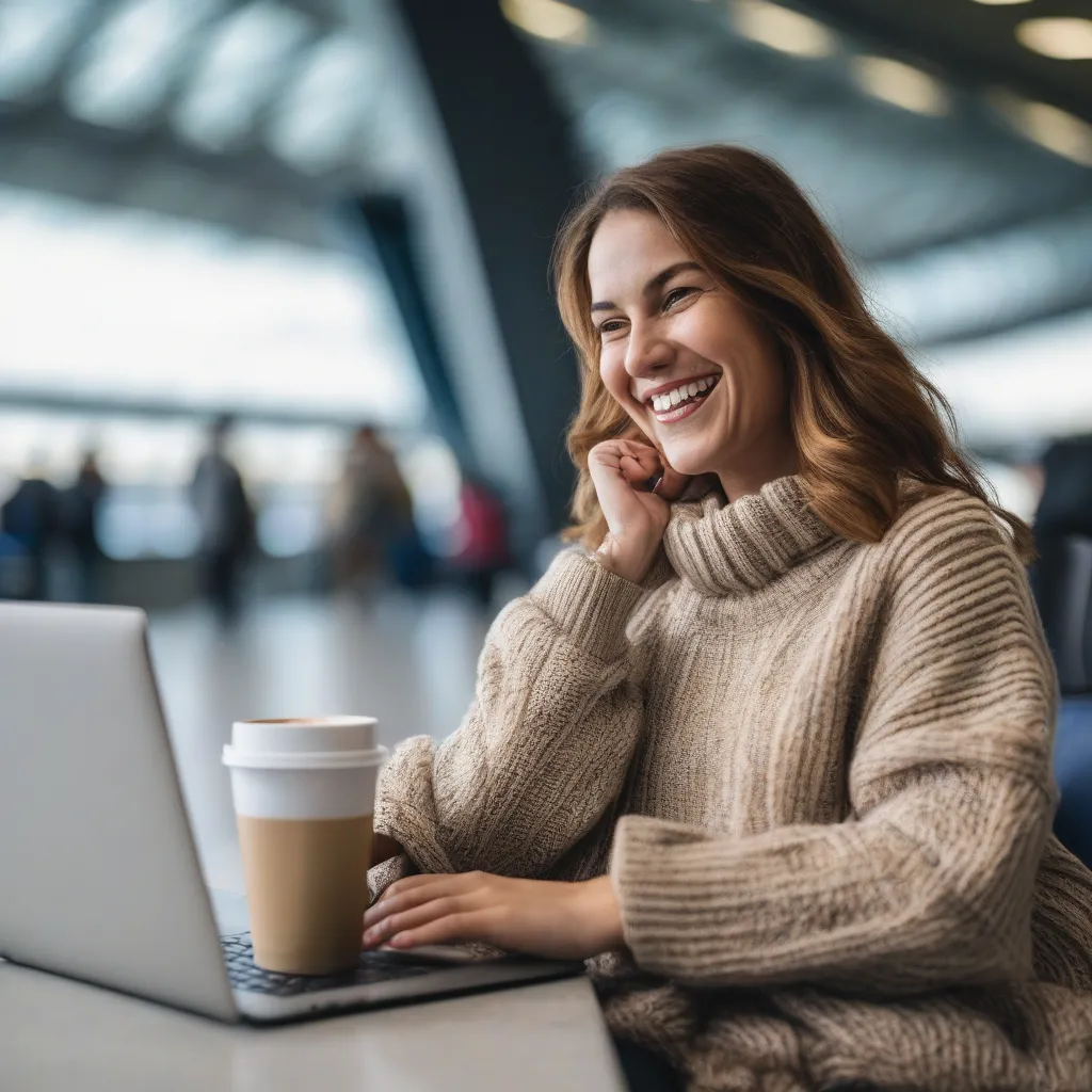 Woman Using Laptop at Airport