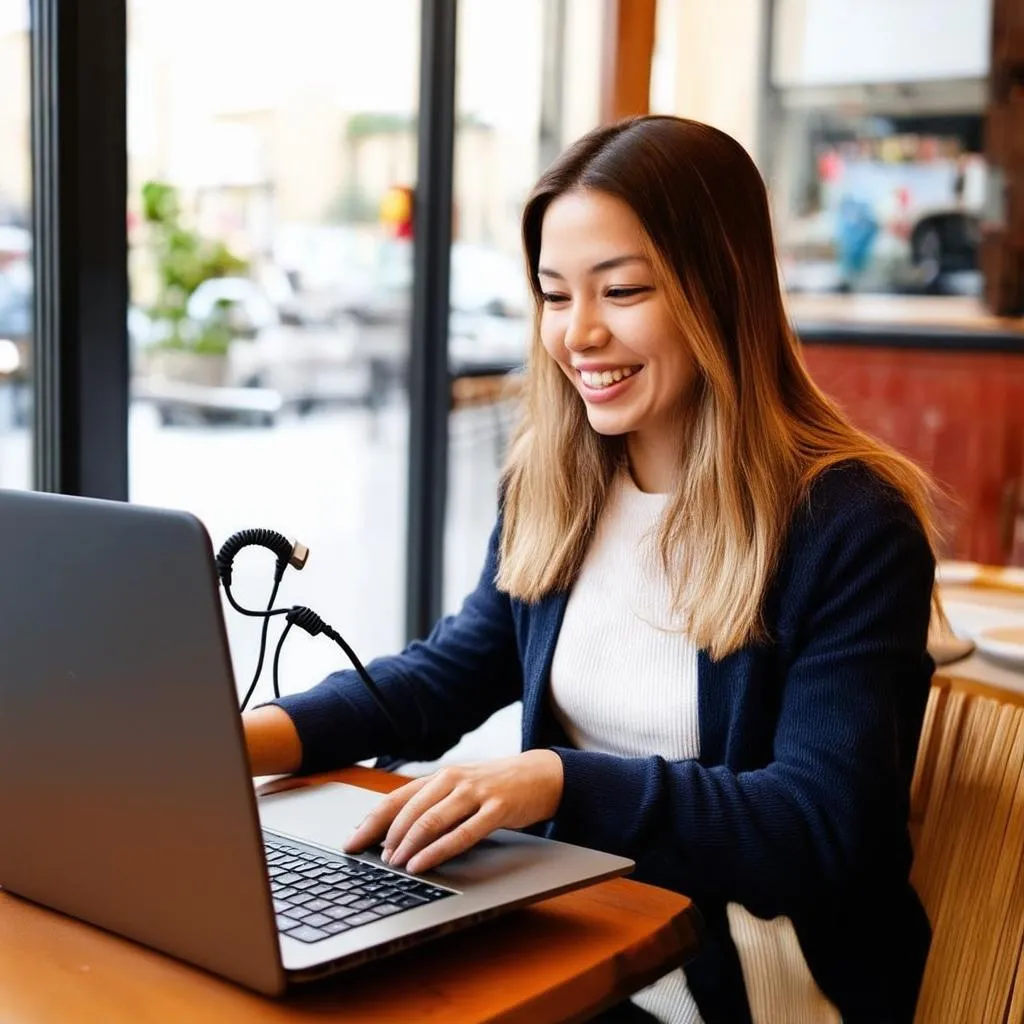 Woman Using Laptop in a Cafe