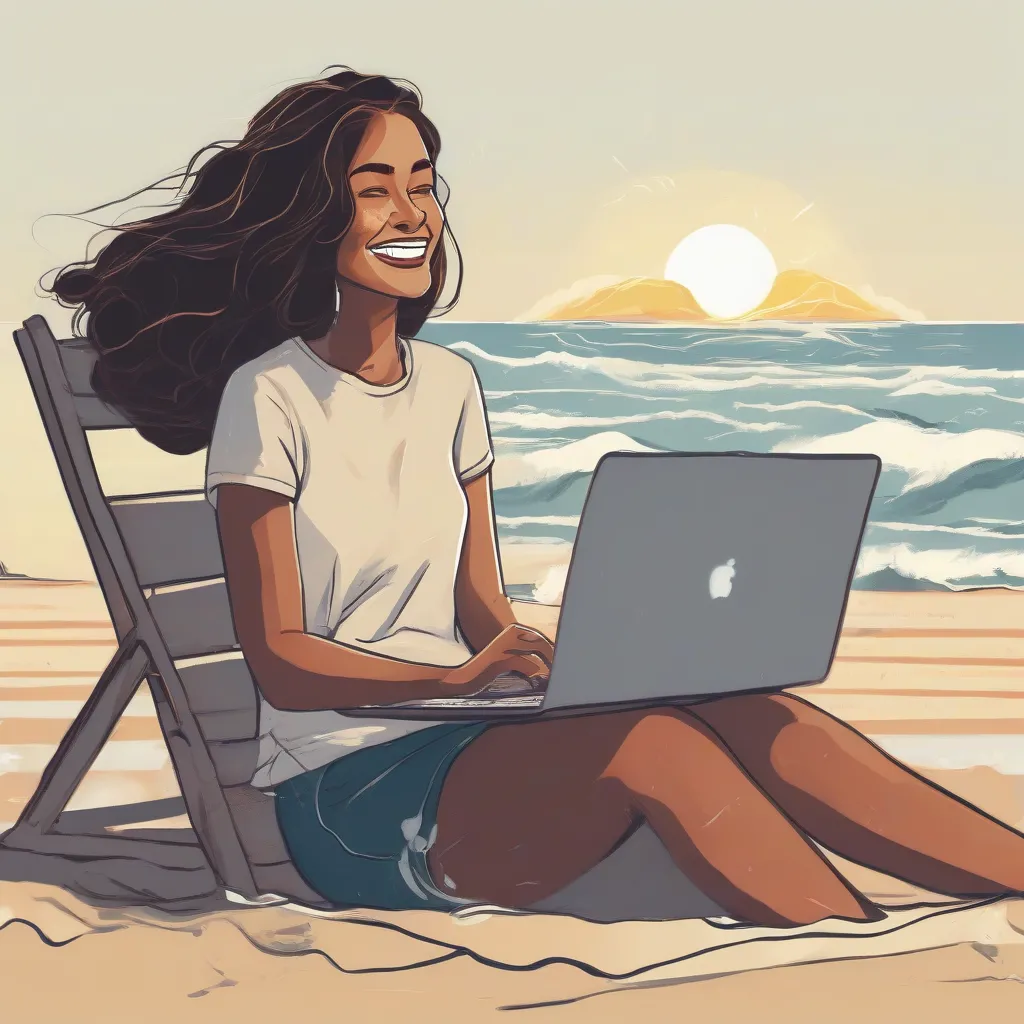 Woman Using Laptop on Beach