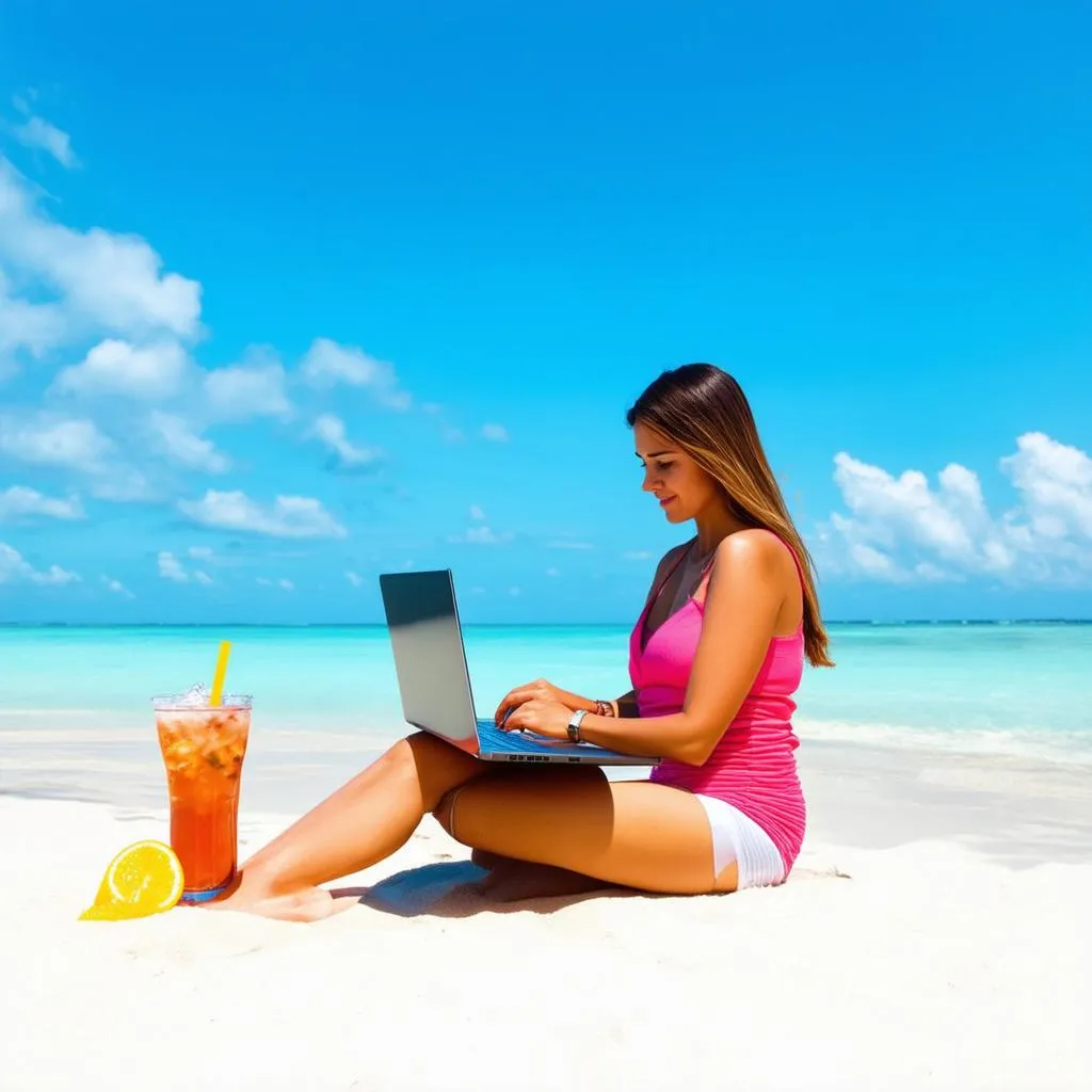 Woman using laptop on beach