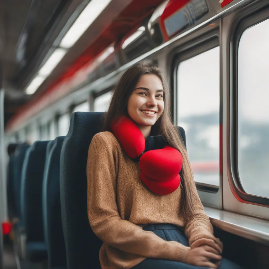 Woman Smiling While Using a Neck Pillow on a Train 