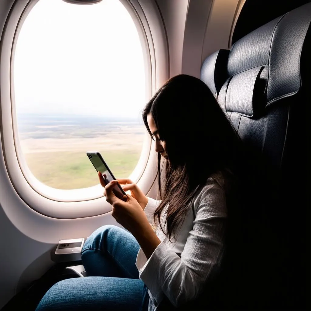 Woman Using Phone During Flight