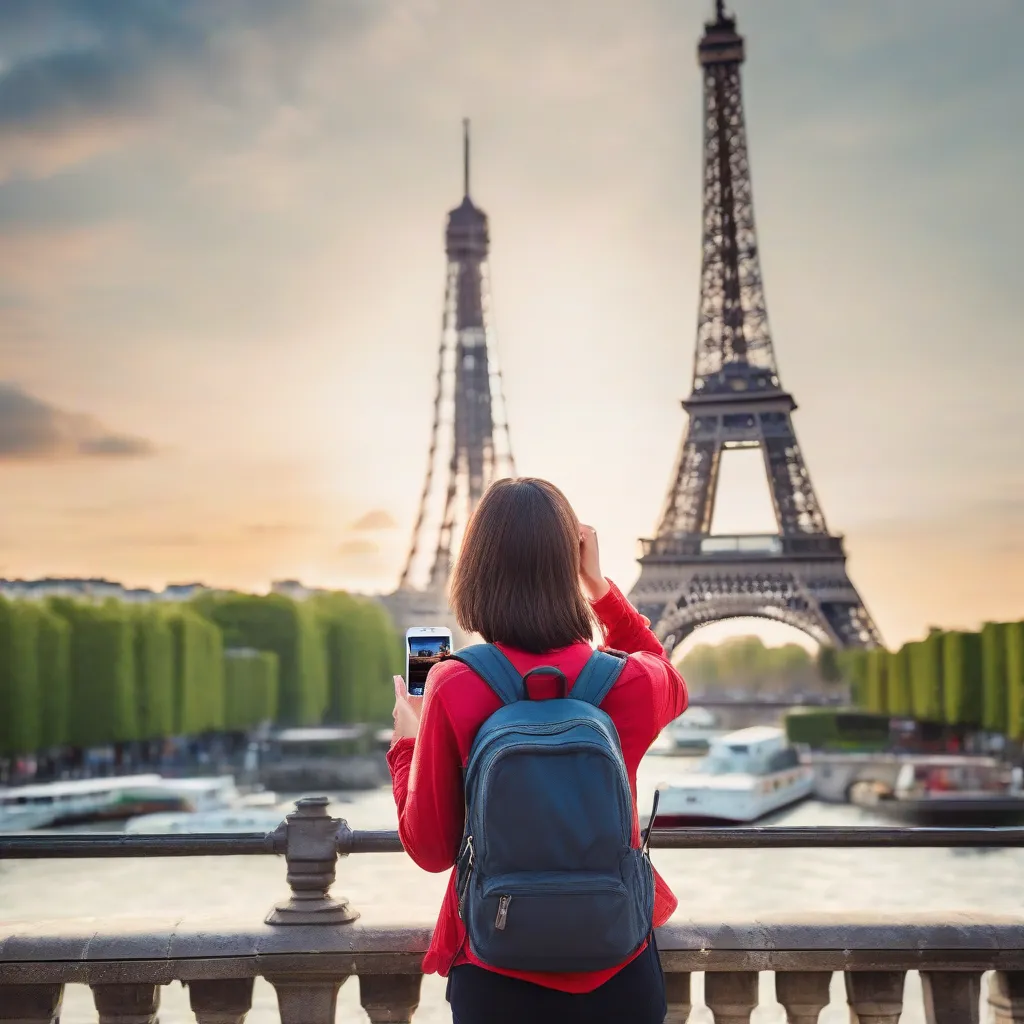 Tourist using phone with Eiffel Tower in background