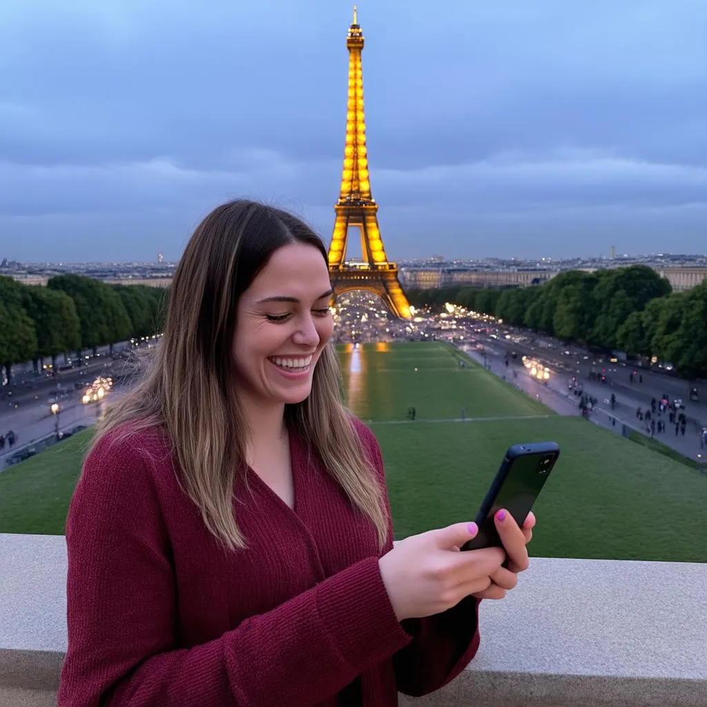 Woman using phone with Eiffel Tower in background