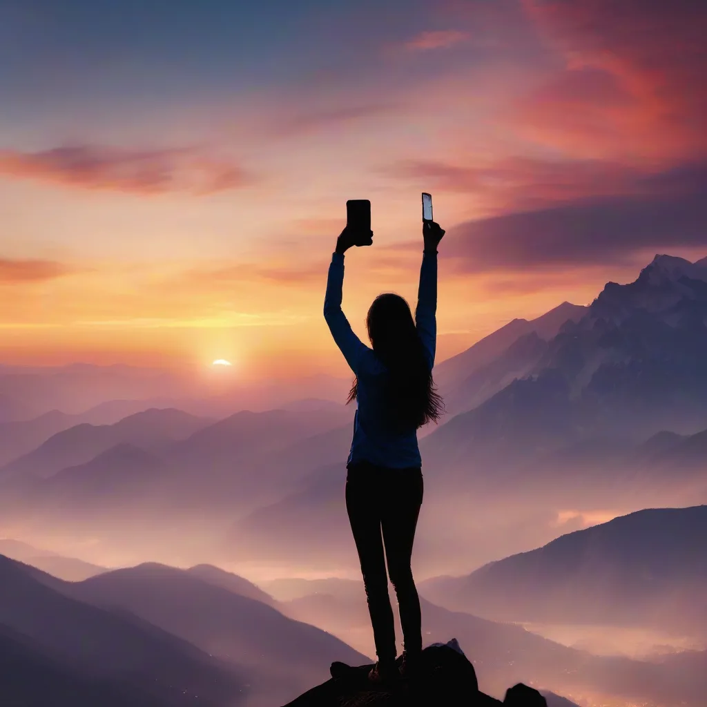 Woman using phone on mountaintop