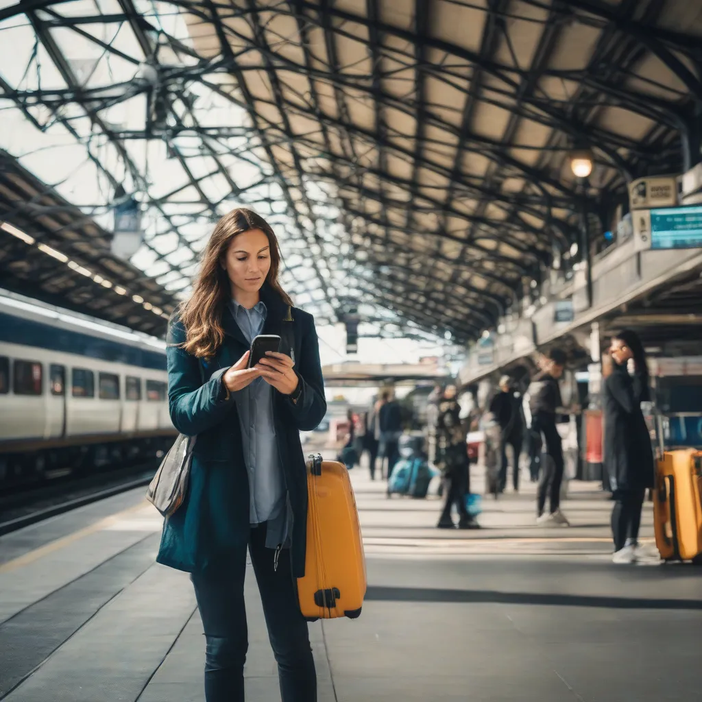 Woman using her phone to find luggage storage