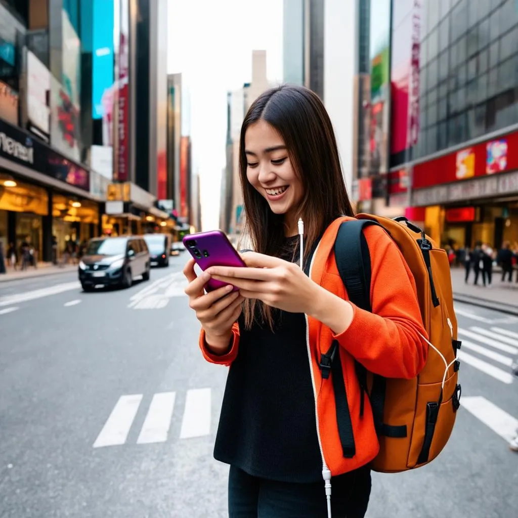 Woman Using Phone With Powerbank in City