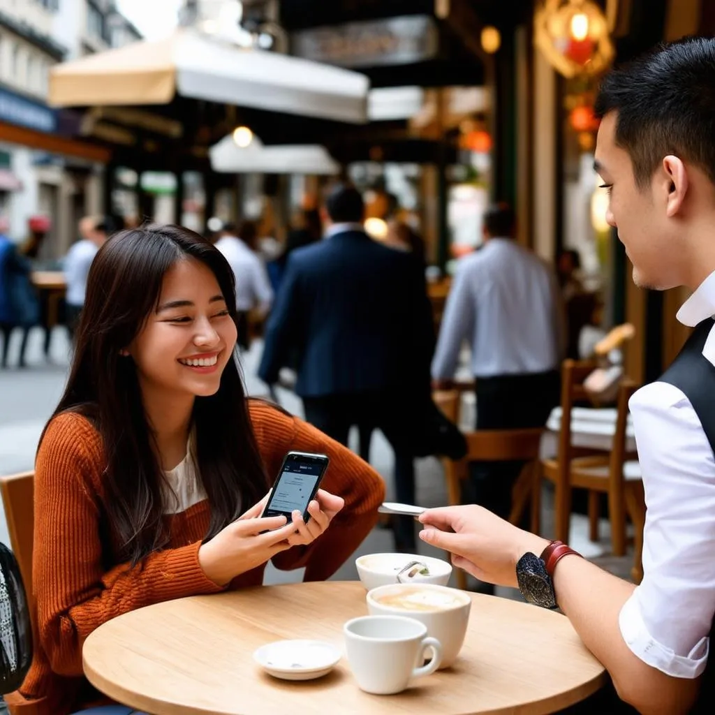 Tourist using a language translation app on her phone to order food in a foreign country.