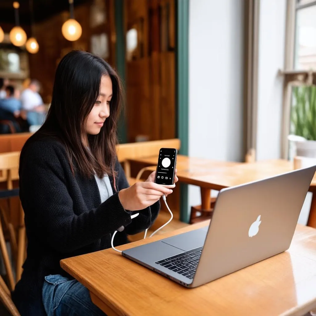 Woman Using Traveler Wire in Cafe