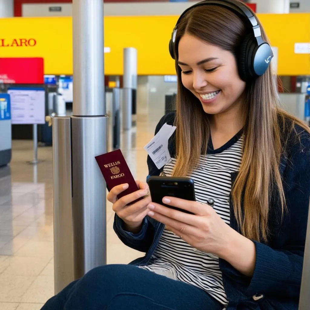 Woman Using Wells Fargo App at Airport