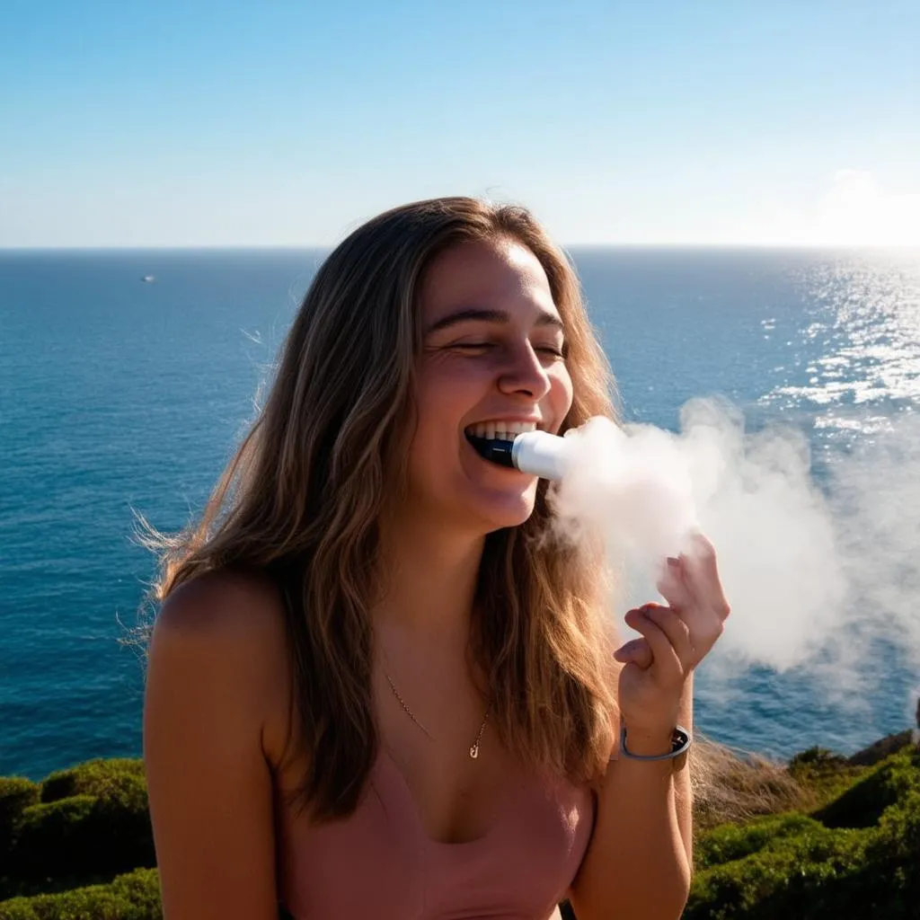 Woman vaping with ocean view