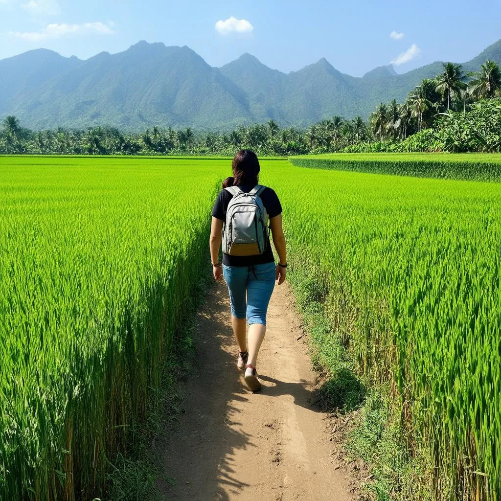 Woman Walking in Rice Paddies