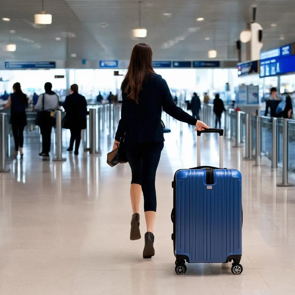 Woman Walking with Away Suitcase in Airport