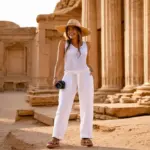 Woman in linen pants exploring ancient ruins