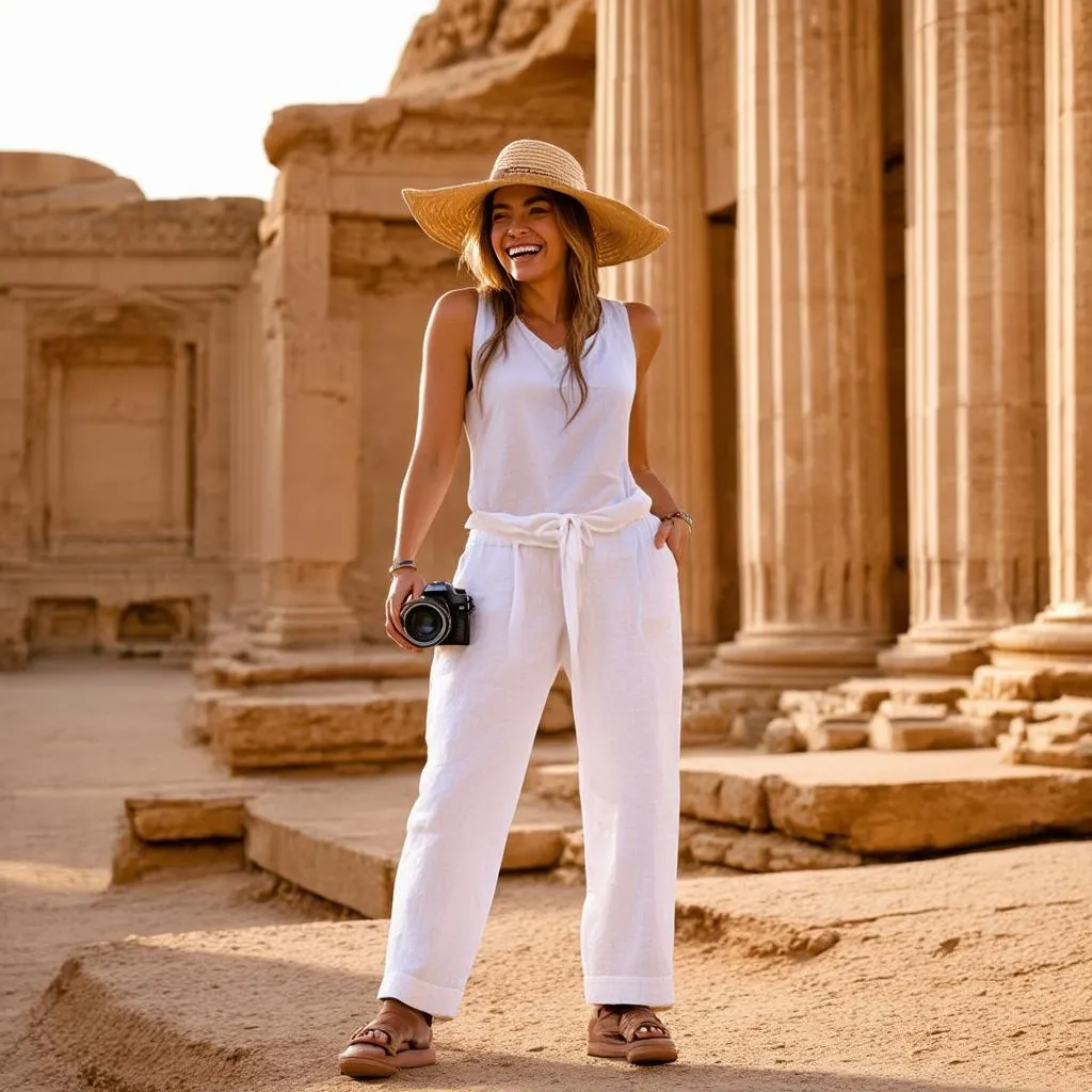 Woman in linen pants exploring ancient ruins