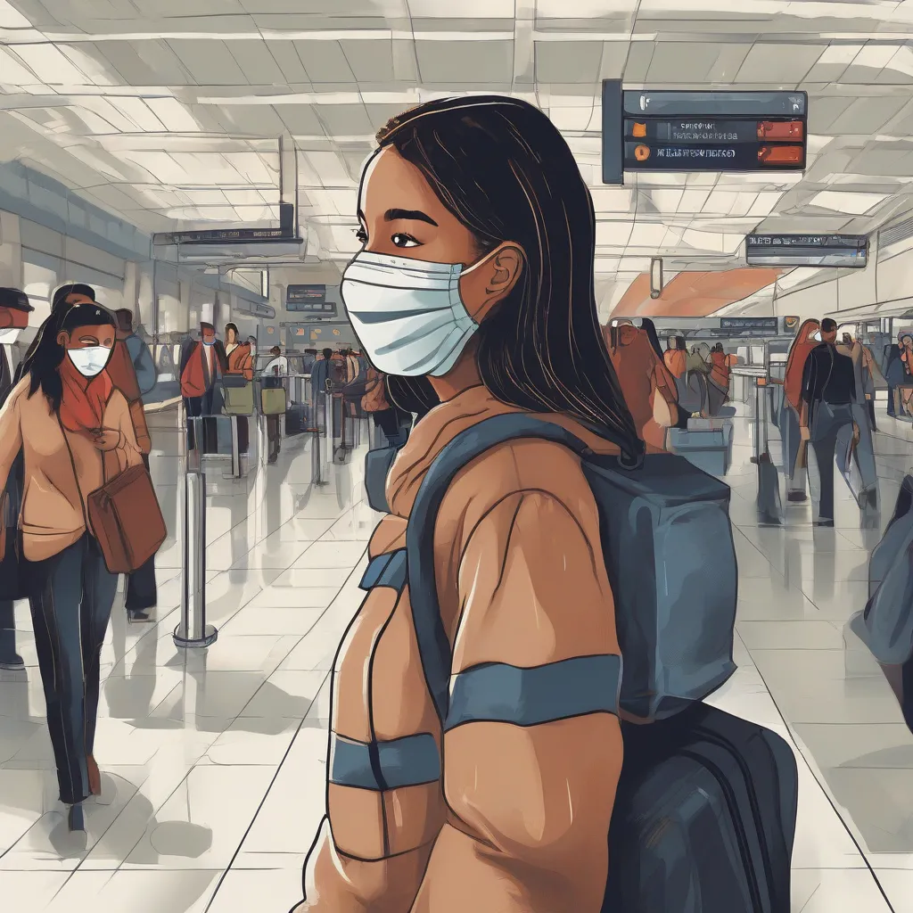 Woman wearing a mask in a crowded airport