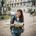 Woman with Backpack Looking at Map