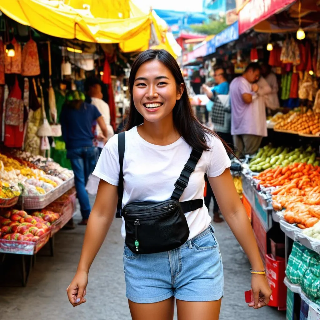 Woman with a Fanny Pack Exploring a Scenic Location