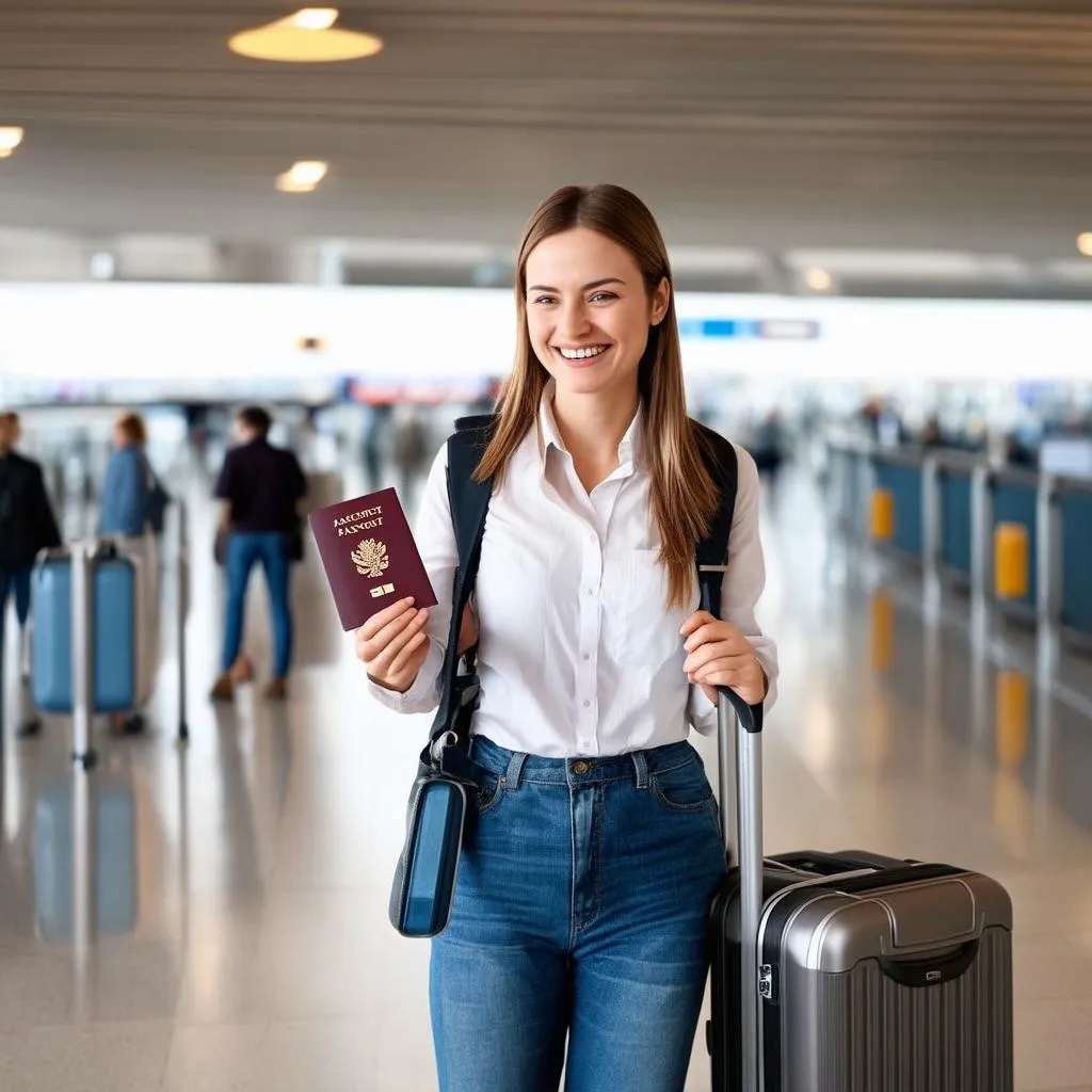 Woman with Passport and Luggage at Airport