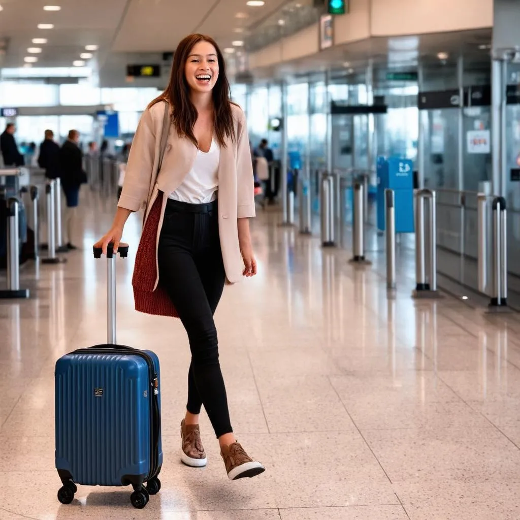 Smiling woman walking with suitcase