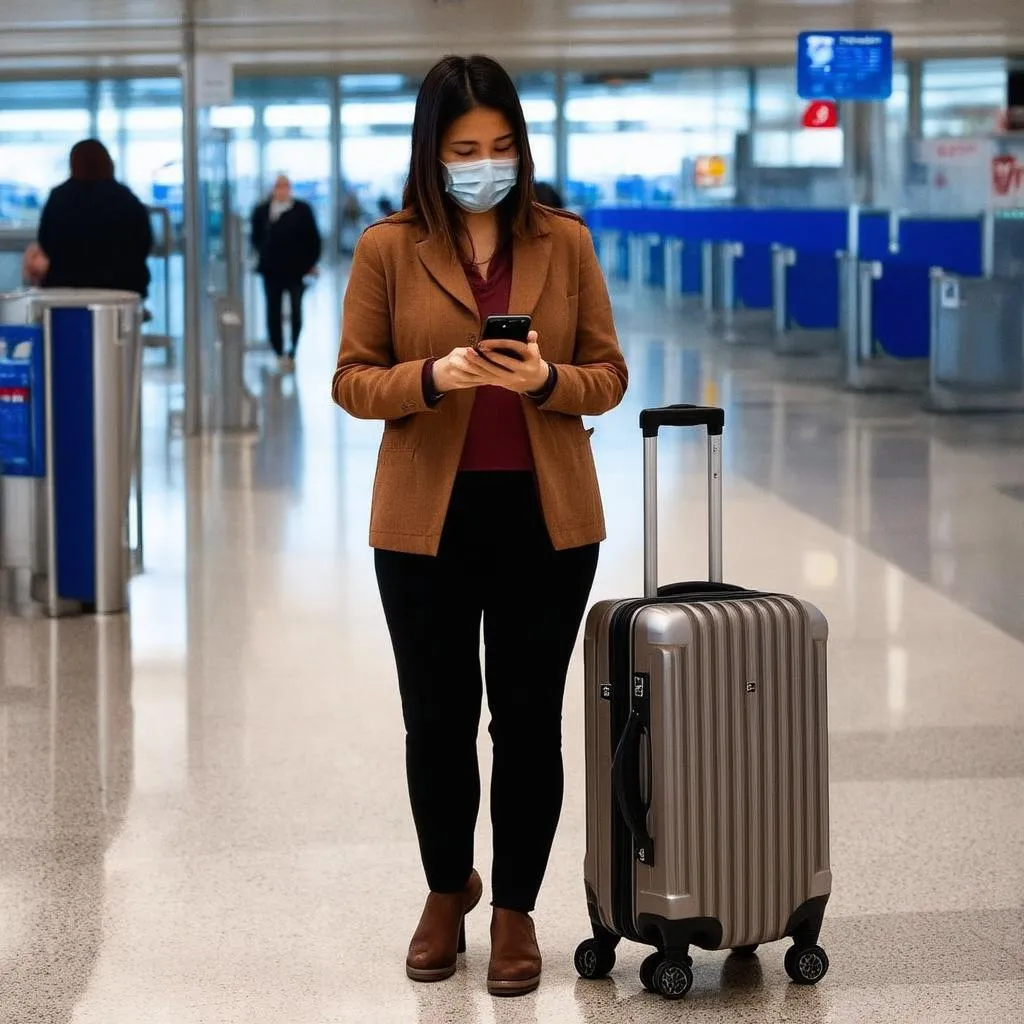 Woman with suitcase at airport checking her phone