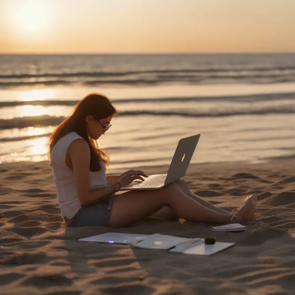 Woman Working on Beach with Laptop