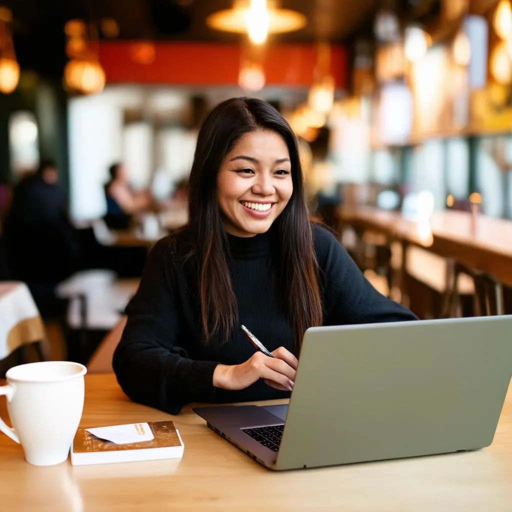 Woman Working on Laptop in a Cafe