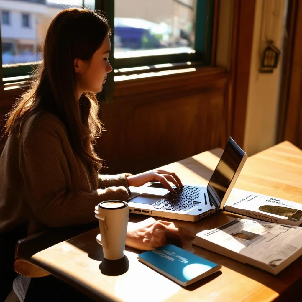 Woman Working on Laptop in Cafe