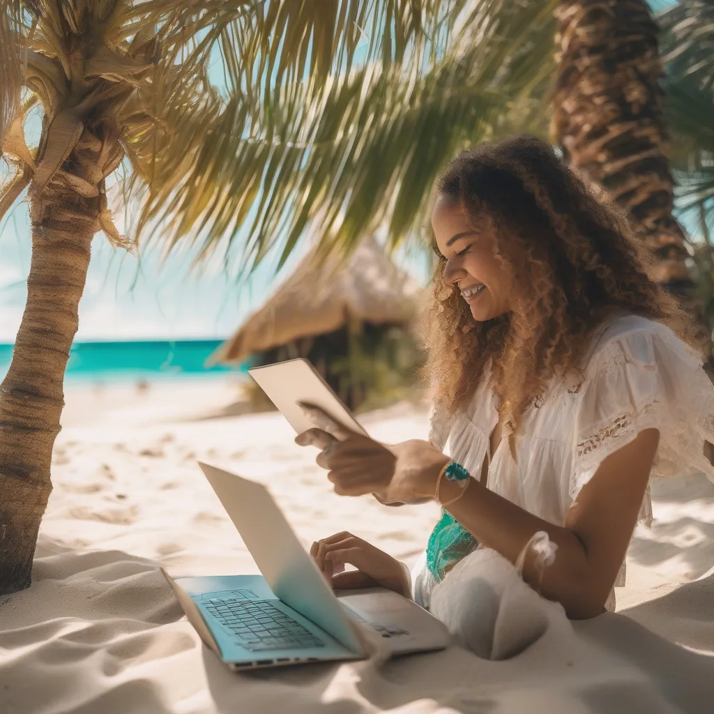 Woman Working on Laptop on Tropical Beach