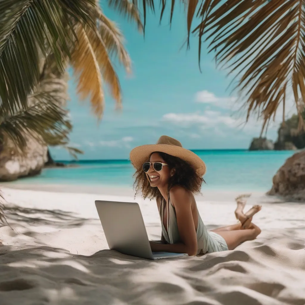 Woman Working Remotely on Beach