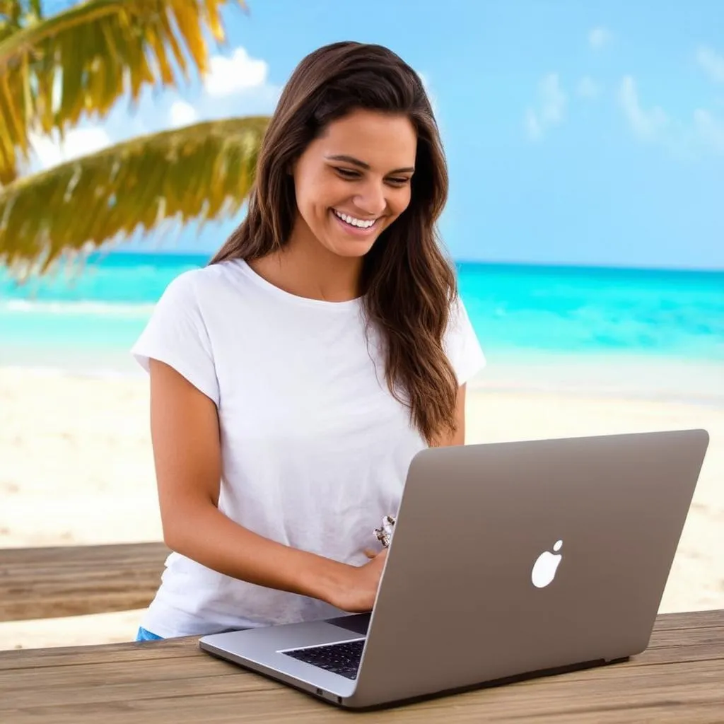 Woman Working Remotely on Laptop at Beach