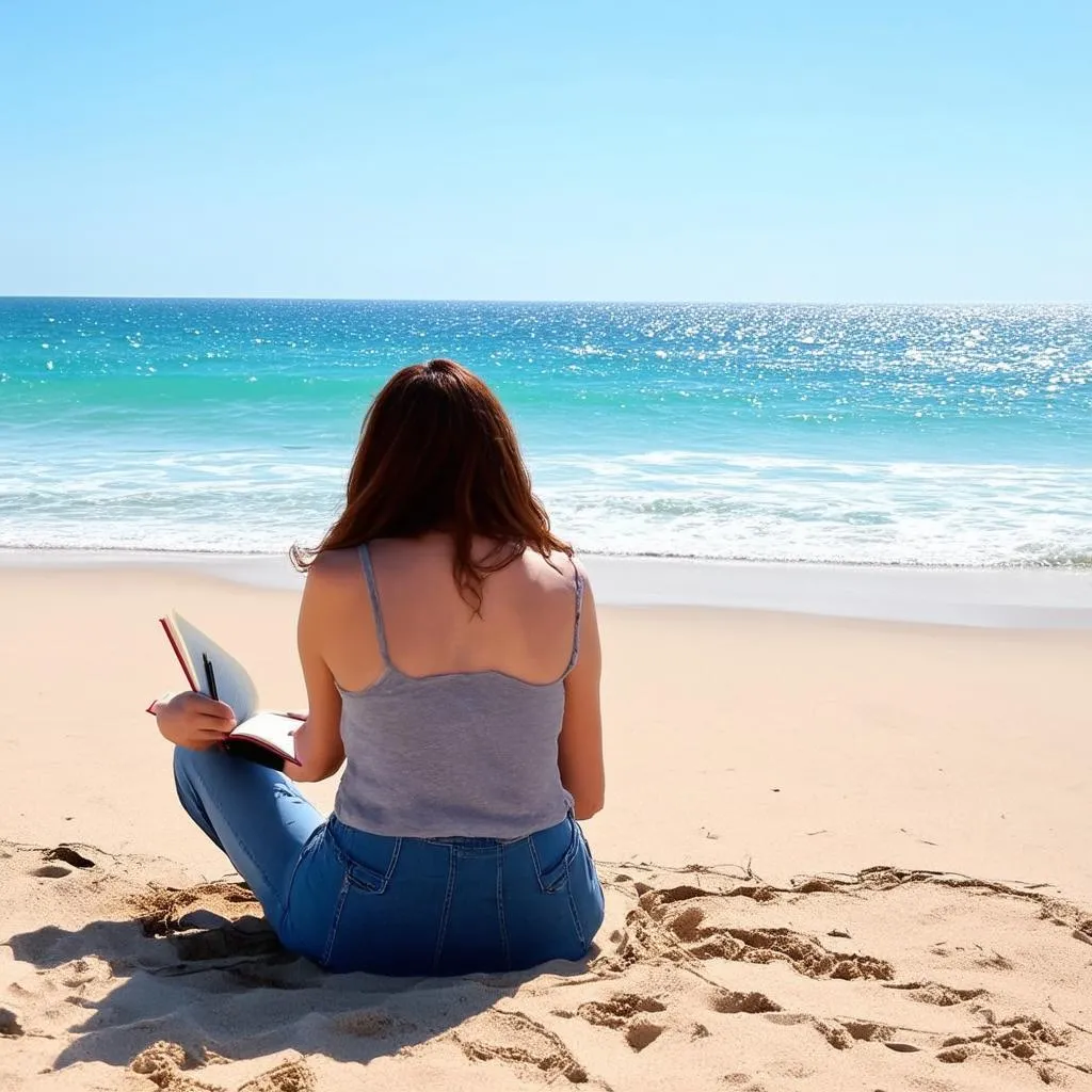 Woman Writing in Journal at the Beach