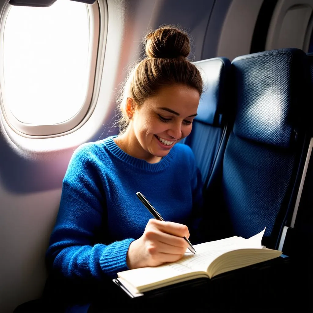 Woman Writing in a Notebook on a Plane