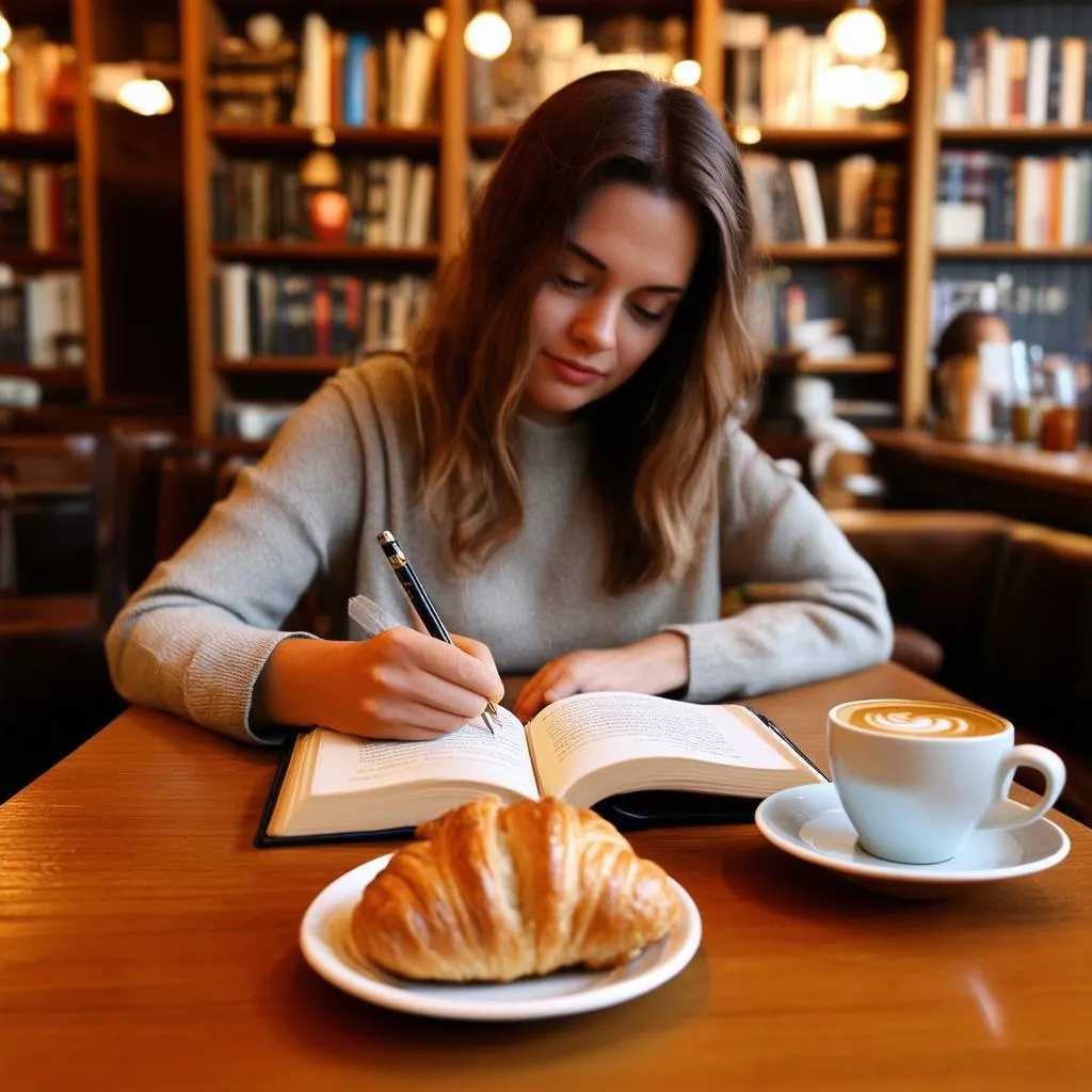 Solo female traveler journaling in a cozy cafe