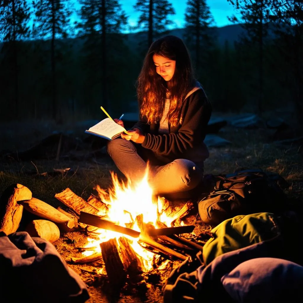 Woman Writing in Journal by Campfire