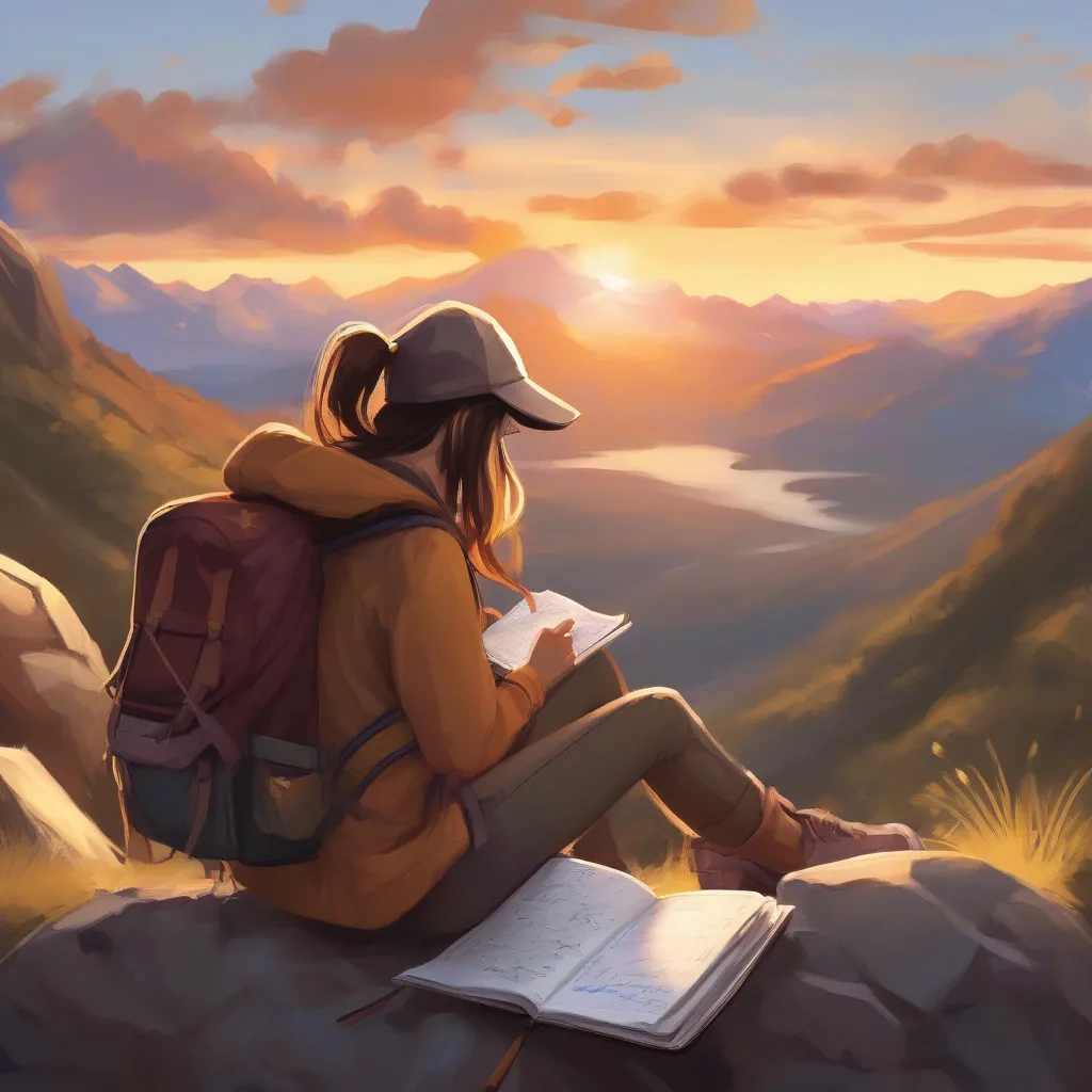 Woman Writing in a Journal with a Mountain View