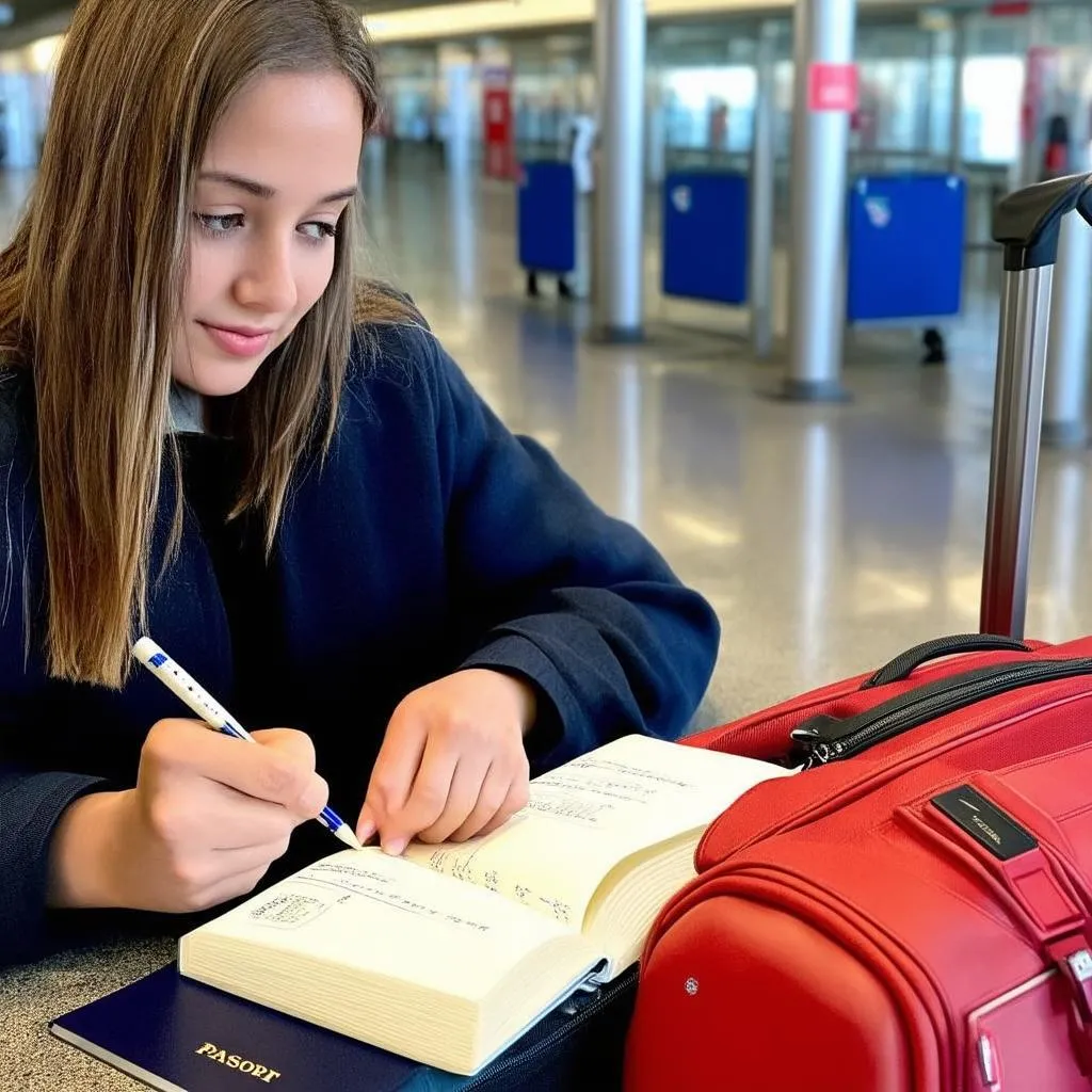 Woman Writing in Notebook at Airport