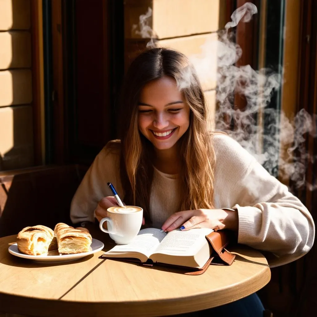 Traveler Journaling in a Cozy Cafe