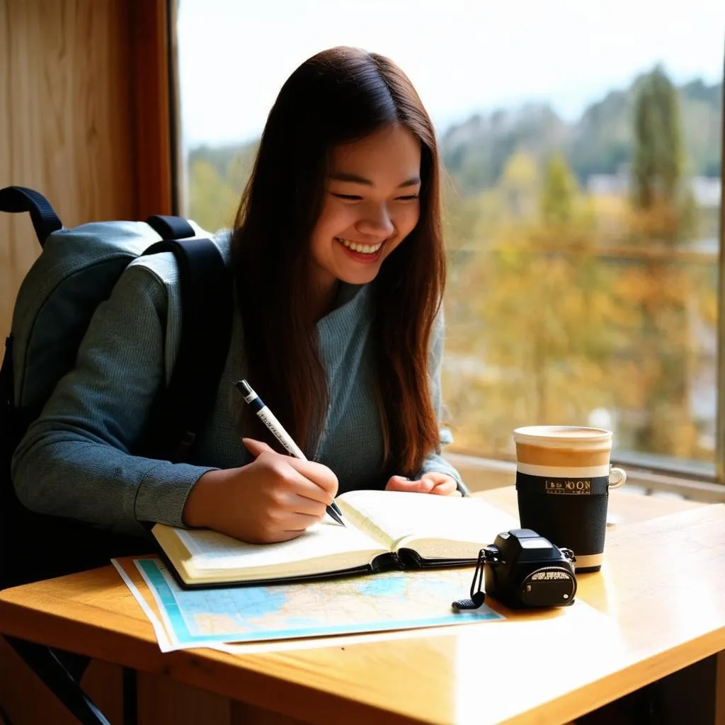 Woman Writing in Travel Journal at Cafe