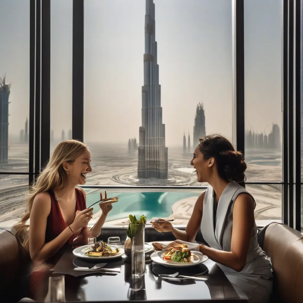 Two women laugh and enjoy a meal together in a restaurant at Dubai Mall