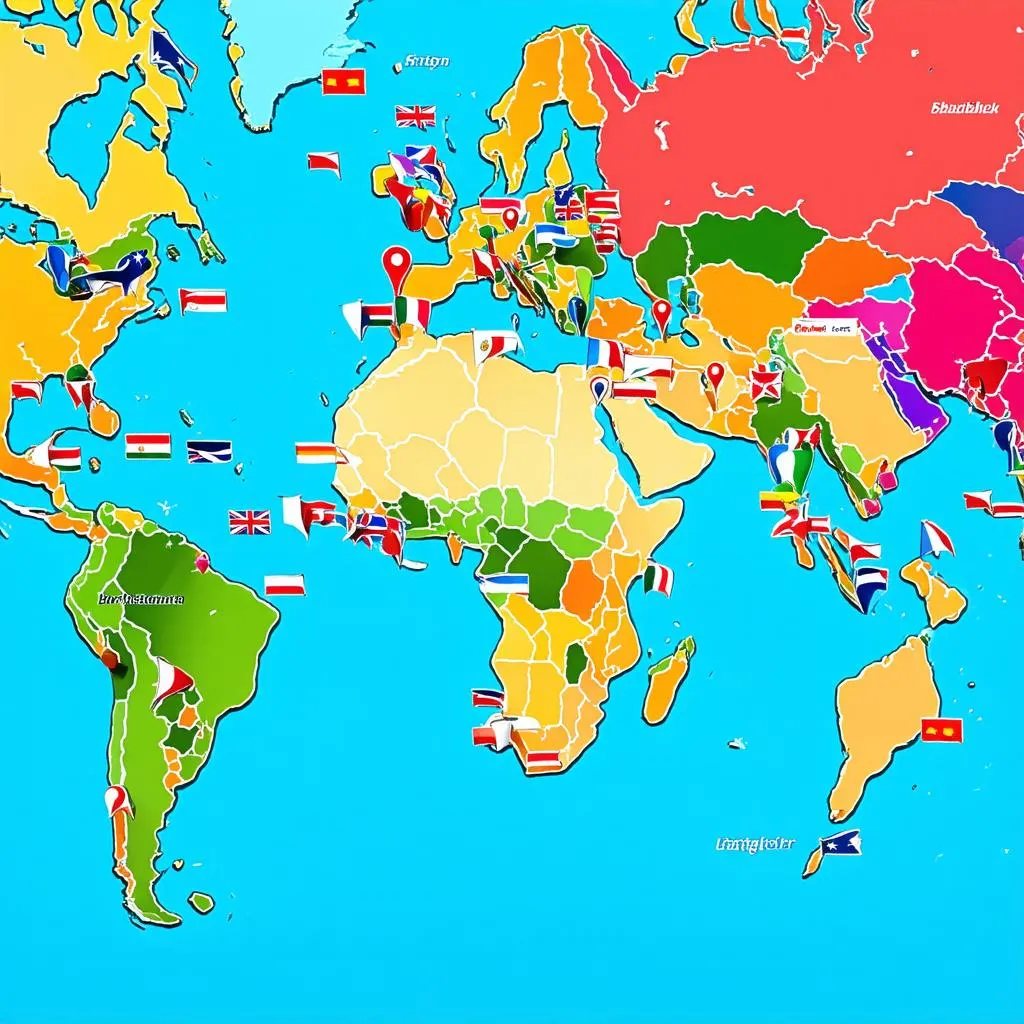 World map with colorful pins marking different destinations