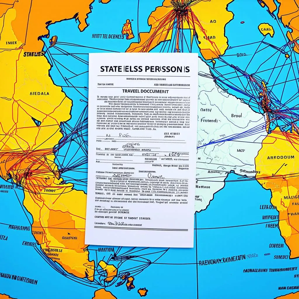 A world map with a travel document for stateless persons on top.