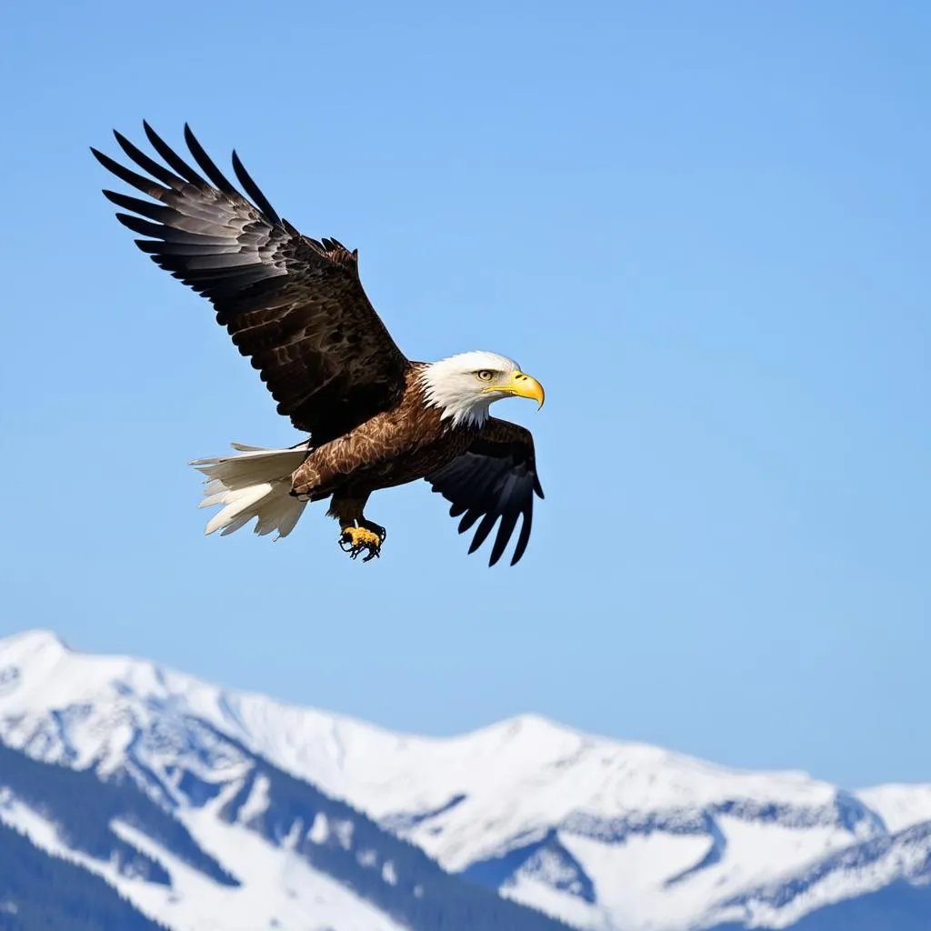 A young bald eagle soars over a mountain landscape.