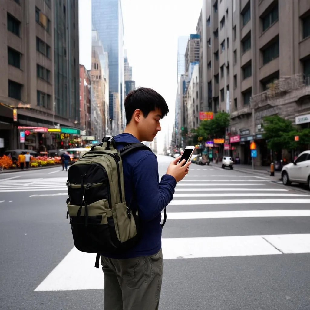 Traveler Using Phone for Navigation